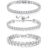 GEMOSA 3 Pcs Tennis Bracelet Set 14K Gold Plated Marquise Cubic Zirconia CZ Diamond Dainty Adjustable Silver Bracelets for Women Brides Stackable Fashion Jewelry Wedding Prom Gift