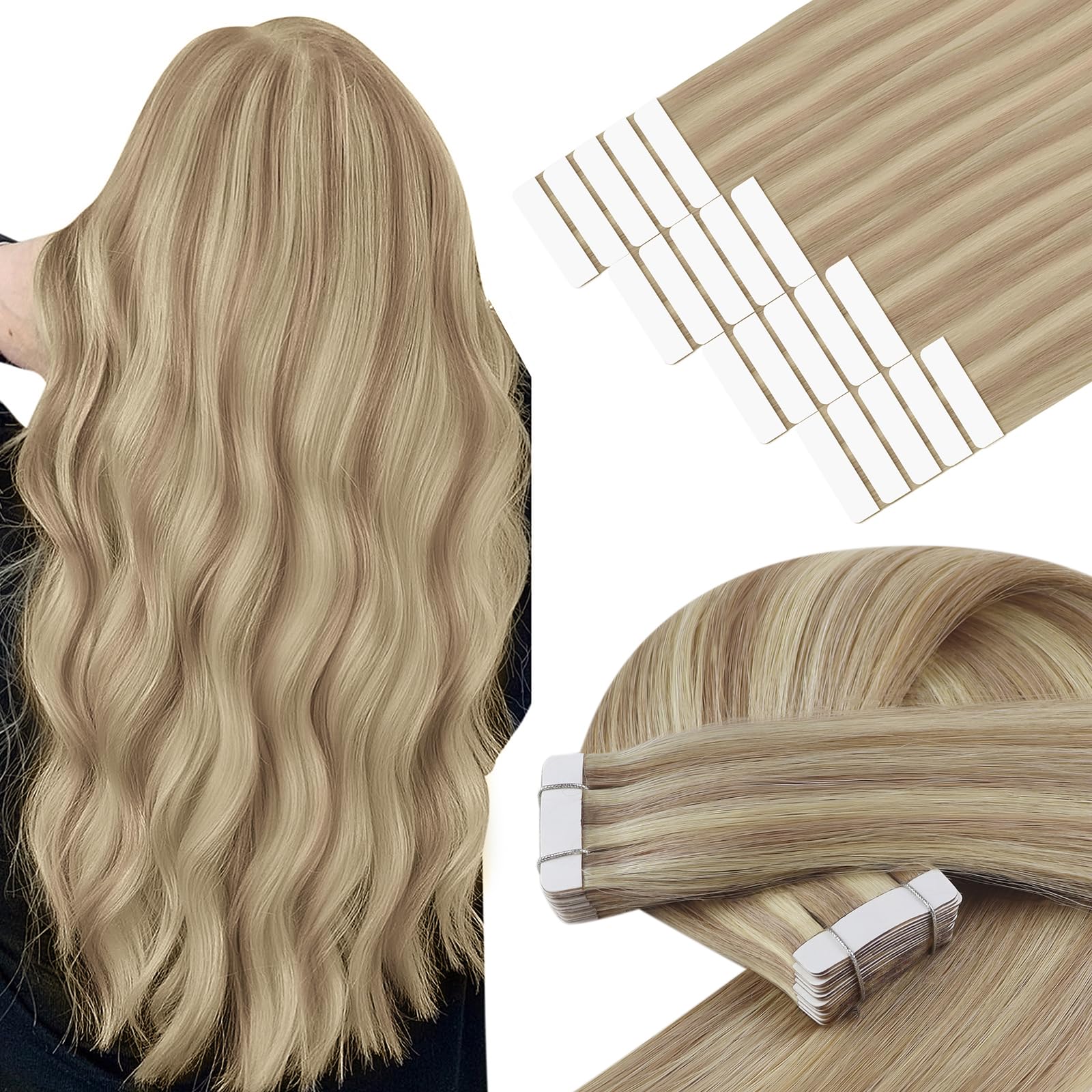 YoungSee Tape in Hair Extensions Highlight Tape ins Human Hair Extensionst for Straight Short Hair Tapes Golden Blonde with Blonde Highligh Lightweight 12 Inch 20pcs 30g — image 1