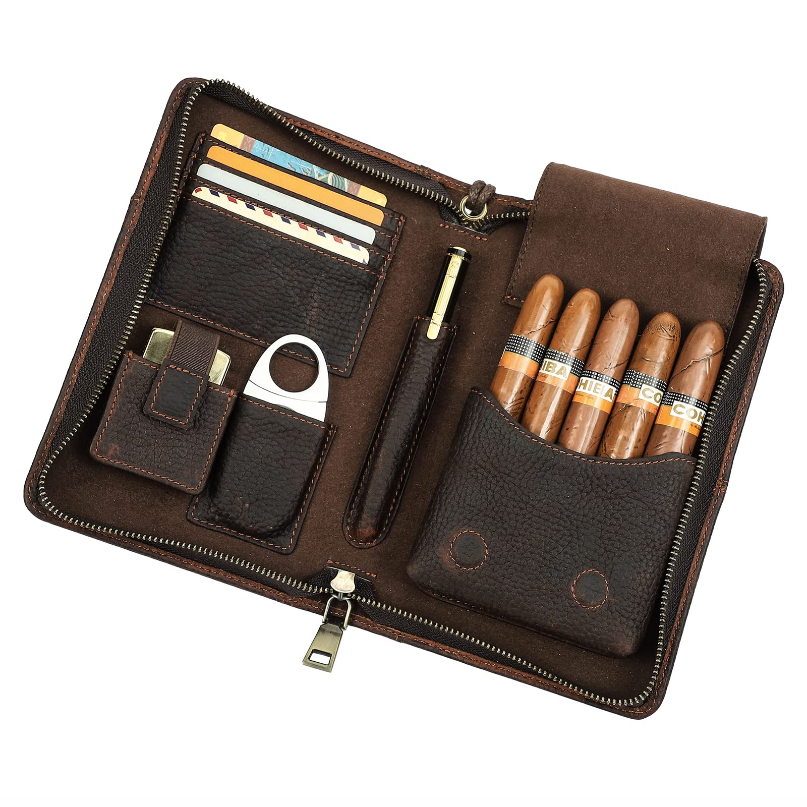 Contacts Portable Travel Humidor for Cigar Cutter, Leather Case Cigar Box for 5 Cigars (No Accessories), Multifunctional Cigar Accessory Organiser, Brown Clutch Phone Case with Hand Strap