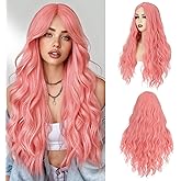 S-noilite Long Wavy Wig 24inch Pink Long Wigs for Women Middle Part Natural Looking Synthetic Wigs for Cospaly Daily Use
