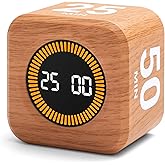 Exlliy Rotating Productivity Cube Timer, 5/25/10/50 Min Presets, Wood Grain | Gravity sensor with mute function; ADHD-friendly desk timer for work, study, kitchen and back to school