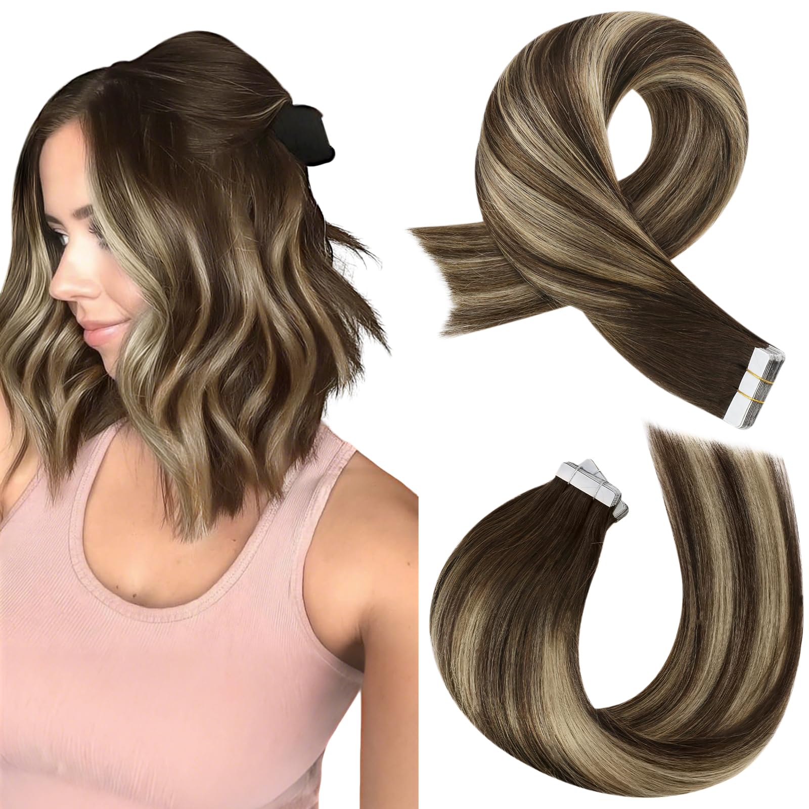 Moresoo Tape in Hair Extensions Human Hair Balayage Dark Brown with Caramel Blonde Real Human Hair Extensions Tape in Remy Straight Hair Short 12 Inch 20 Pieces/30g #4/27/4 — image 1