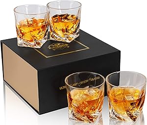 KANARS Crystal Whiskey Glass with Gift Box, Twisted Rocks Glasses for Bourbon, Scotch or Whisky, Old Fashioned Cocktail Tumblers Set of 4