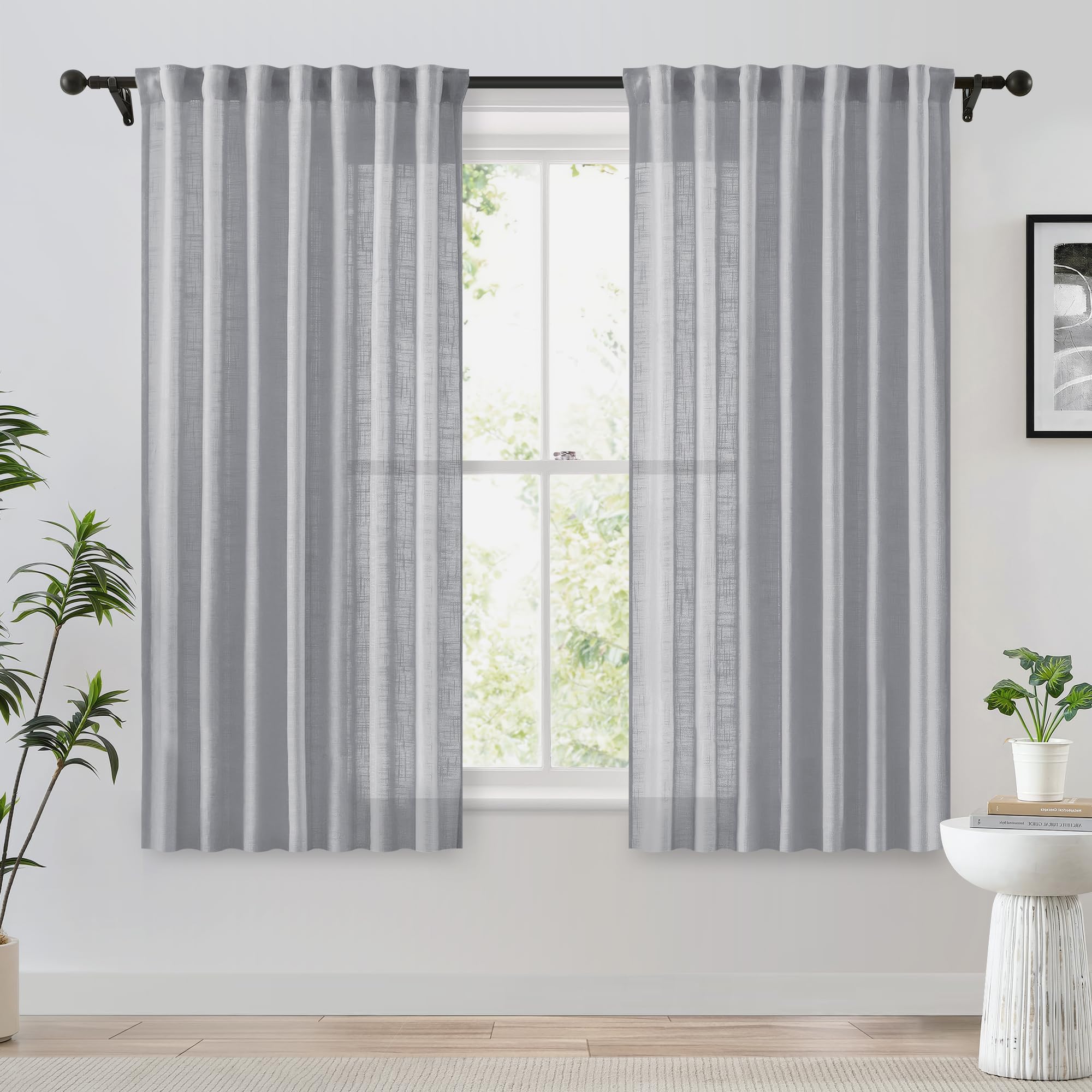 Fmfunctex Grey Rod Pocket Sheer Curtains for Bedroom 54 Drop Linen Textured Back Tab Curtains for Living Room Semi Sheer Light Filtering Window Curtain Drapes for Dining Room 2 Panels