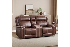 EBELLO Faux Leather Recliner Loveseat Sofa, Manual Reclining Couch, Mid-Century Modern 2-Seater Chair with Handy Cup Holders and Storage Space, for Living Room, Meeting Room, Brown