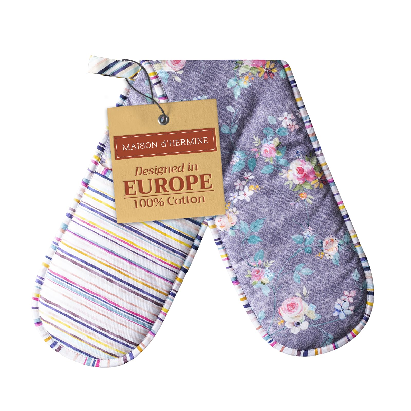 Maison d' Hermine Double Oven Mitts 100% Cotton 18 cm x 89 cm Double Oven Mitt Heat Resistant Cooking Gloves with Loop Handling Hot Pans Gifts for Mothers Day (Sweet Rose Lavender - Country Garden)