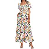 BTFBM Spring Summer Dresses for Women 2026 Puff Short Sleeve Smocked Floral Print Boho Beach Wedding Guest Maxi Dress