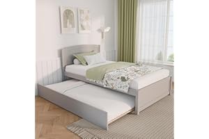 Xilingol Trundle Bed Twin, Solid Wood Beds Frames with Headboard and Wooden Slats Support, Twin Trundle Beds Frame Roll Out, Single Box Bed (No Box Spring Needed), Grey