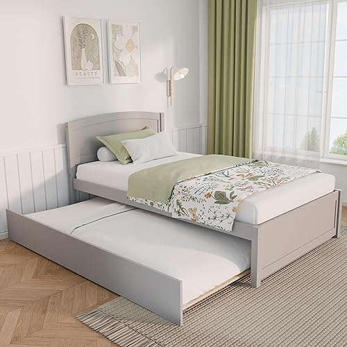 Xilingol Trundle Bed Twin, Solid Wood Beds Frames with Headboard and Wooden  Slats Support, Twin Trundle Beds Frame Roll Out, Single Box Bed (No Box - Main Image