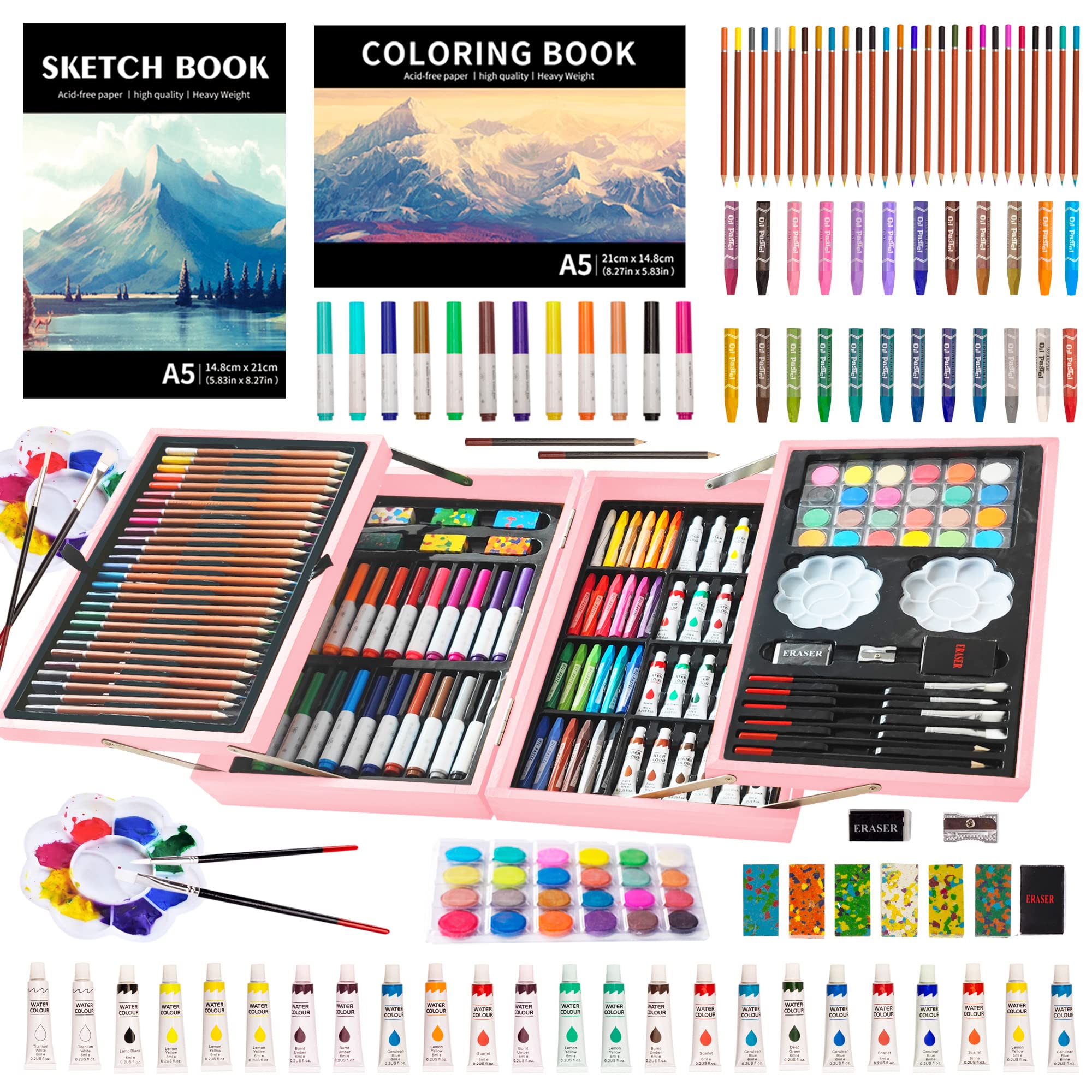 Photo 1 of KINSPORY Art Set, 139 Pack Painting Drawing Art Supplies Kit with 2 Sketch Pads, Deluxe Double Layers Art Set Crafts, Colored Pencils, Oil Pastels, Watercolor Paints, Gift for Artists Kids (Rose Pink)