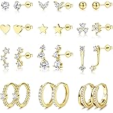 ZELORES 11/12 Pairs Hoop Earrings for Women 14k Gold Plated Small Huggie Hoop Earrings Pack Trendy CZ Cartilage Stud Earrings Set for Multiple Piercings