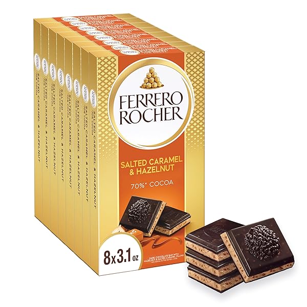 FERRERO ROCHER PREMIUM DARK CHOCOLATE HAZELNUT AND CRUNCHY SALTED CARAMEL BAR, CHOCOLATE GIFT, 8 PACK, ​3.1 OZ EACH