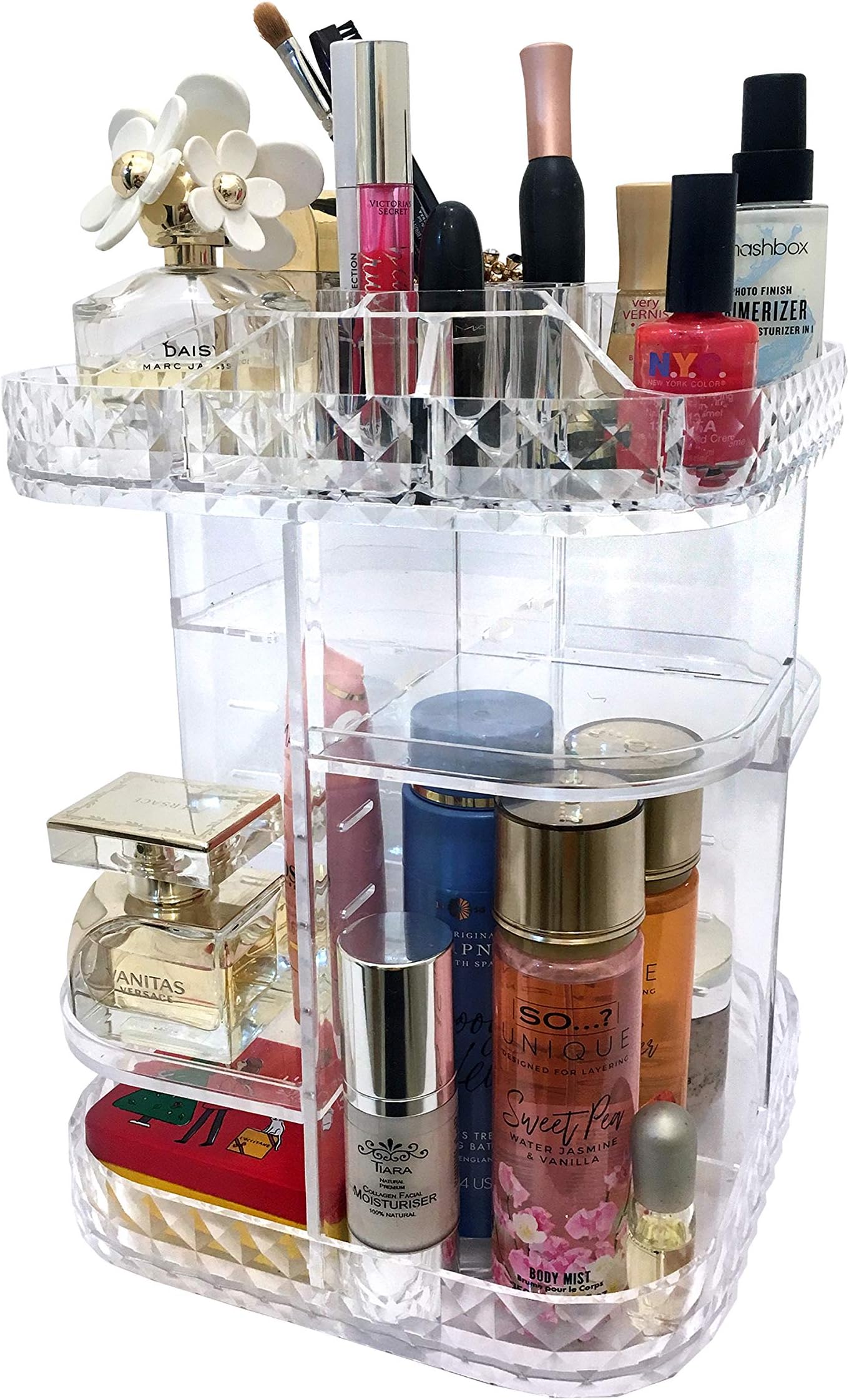 Blossoms Rotating Makeup Organiser for Bedroom Dresser, Bathroom, Includes a Silent 360 Degree Rotating Stand for Easy Access to Jewellery and Cosmetics, Acrylic Countertop Storage Display Unit