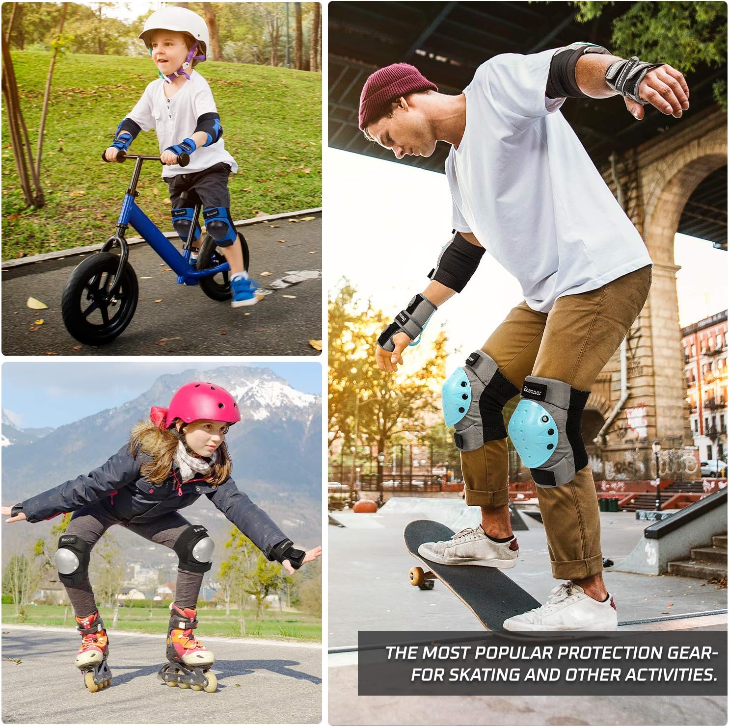 BOSONER Adult/Child Knee Pads Elbow Pads Guards Protective Gear Set for Cycling Bike Skateboarding Inline Roller Skating Bicycle Scooter, Wrist Guards Youth Kids Adults for Multi-Sports Outdoor : Sports & Outdoors