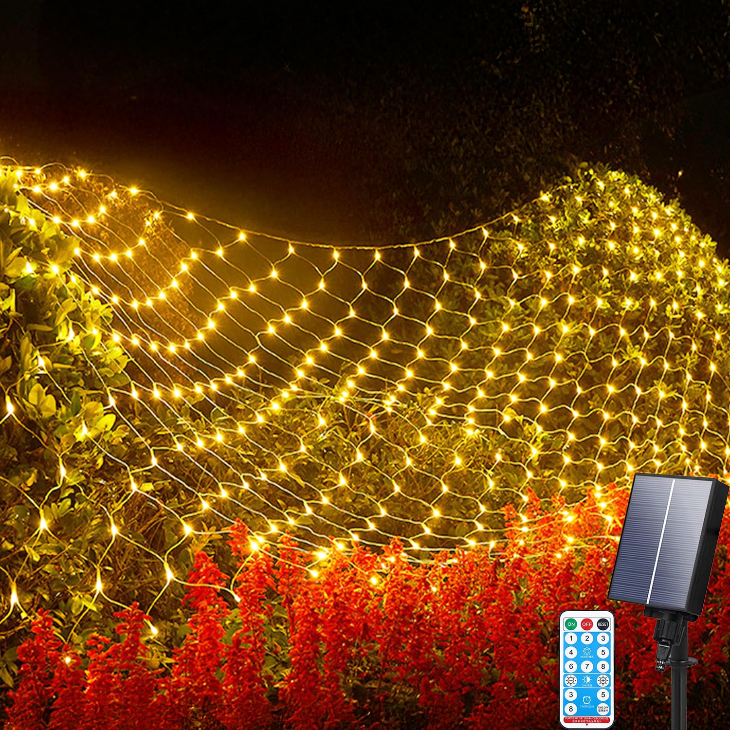 Aofonchy Solar Net Lights Outdoor, 1.5 * 1.5M 96 LED Net Fairy Lights with Remote, Weatherproof Fairy Mesh Lights, 8 Modes 4.9 * 4.9FT NetLight Solar for Christmas Garden Bushes Fence Party Decor