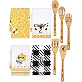 Bencailor 9 Pcs Honey Bee Kitchen Hand Towels Honeycomb Bath Tea Towels Polyester Dish Cloths Absorbent with Cute Wooden Spoons for Kitchen Bathroom Home Decor, 16 x 24 Inch(Bee)