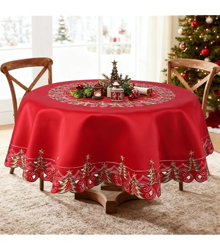 Christmas Poinsettia Bell Candle Tablecloth With Napkins – Red & Gold, Embroidered, 100% Polyester