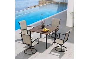 Grand patio Patio Dining Set for 4, Outdoor Dining Set with 4-Piece Mesh Sling Swivel Patio Rocking Chairs, 1-Piece Square Wood Grain Table Top with Umbrella Holes, Coffee