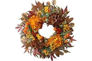 HipTree Fall Wreaths for Front Door, 24 Inch Orange Autumn Door Wreath with Hydrangea and Velvet Pumpkins, Indoor Outdoor Fall Decorations for Home Thanksgiving Harvest Table Centerpiece Fall Decor