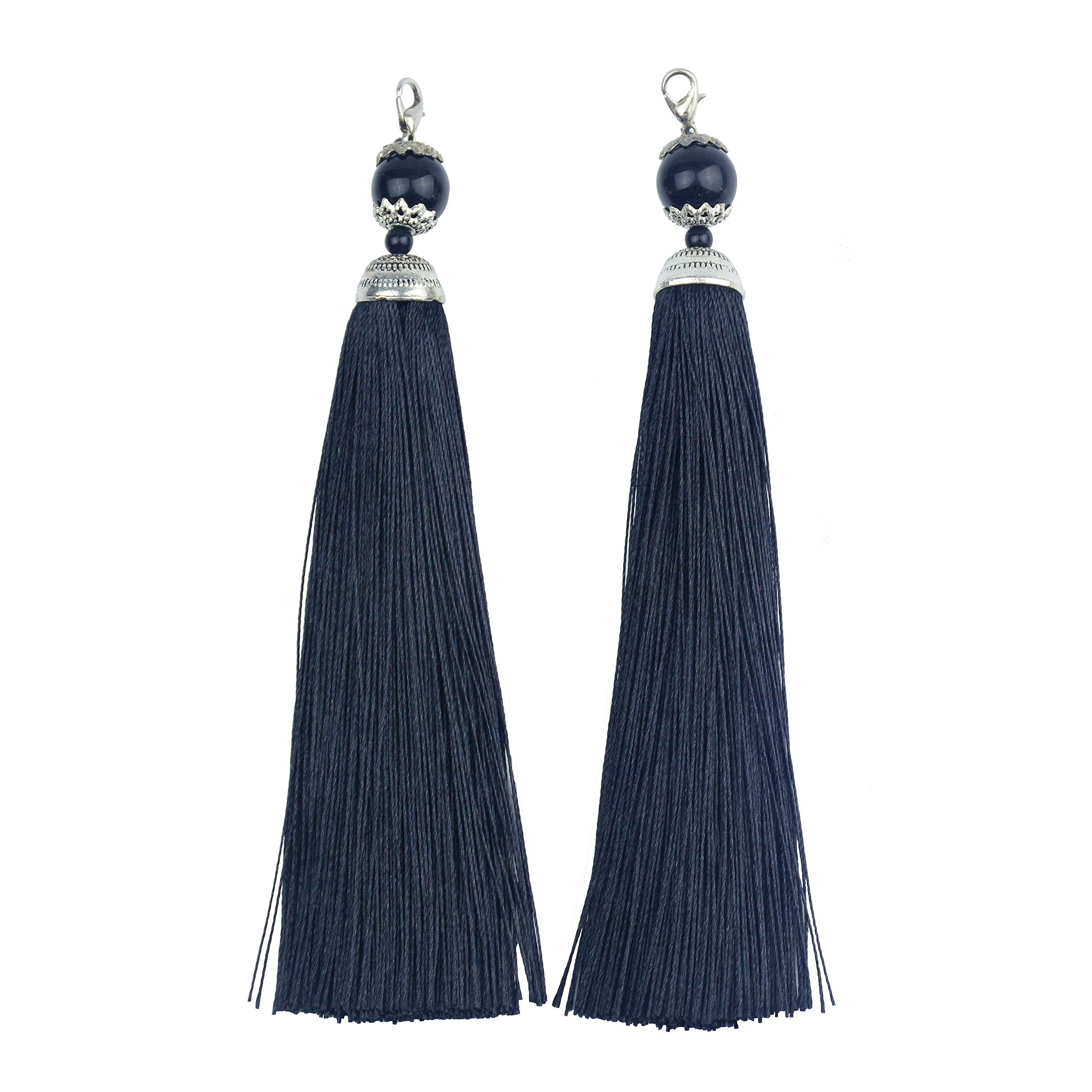Makhry 10pcs 6.3 Inches Handmade Silky Floss Lobster Clasp Tassel Key Chain Beads Bookmark Tassel Pendant for DIY Craft Jewelry Women Earring (Black, Long)