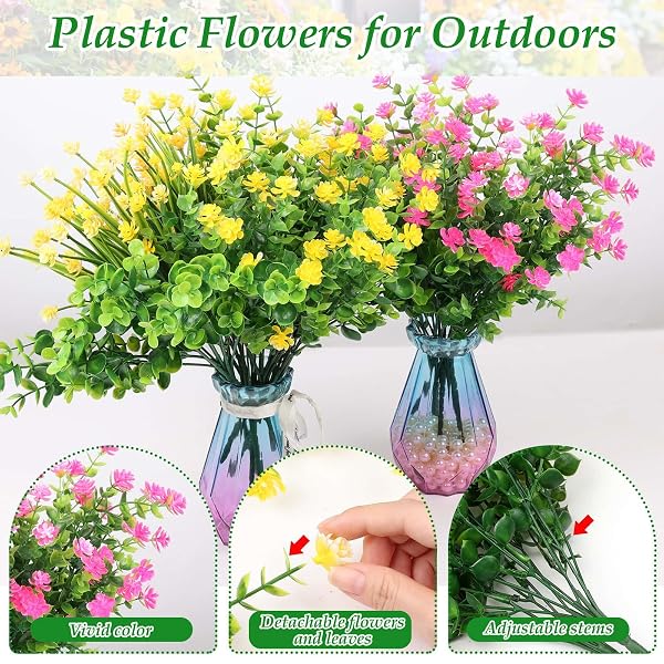 20 BUNDLES REALISTIC ARTIFICIAL FLOWERS FOR OUTDOORS, UV RESISTANT NO FADE FAKE FLOWERS WITH PLASTIC FAUX SHRUBS PLANTS FOR GARDEN PATIO PORCH WINDOW BOX HOME WEDDING FARMHOUSE OUTSIDE HANGING DECOR