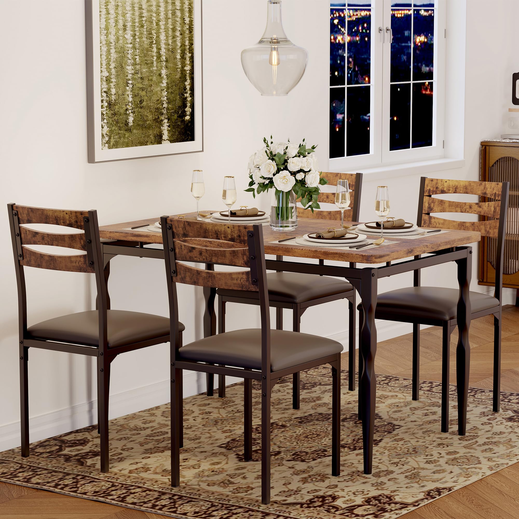 Photo 1 of ***(MISSING PARTS/INCOMPLETE SELLING AS IS PARTS ONLY, BOX RIPPED/TORN)***  IDEALHOUSE 5 Piece Dining Table Set, Industrial Style Dining Table and Chairs Set for 4, Kitchen Table Set for Dining Room Kitchen Apartment, Brown