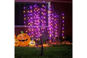 LIGHTSHARE 7 Feet Halloween Willow Tree, 256 LED Lights for Home, Festival, Nativity,Party, and Christmas Decoration,Includes Spiders and White Cobweb,Indoor Outdoor Use,Orange & Purple