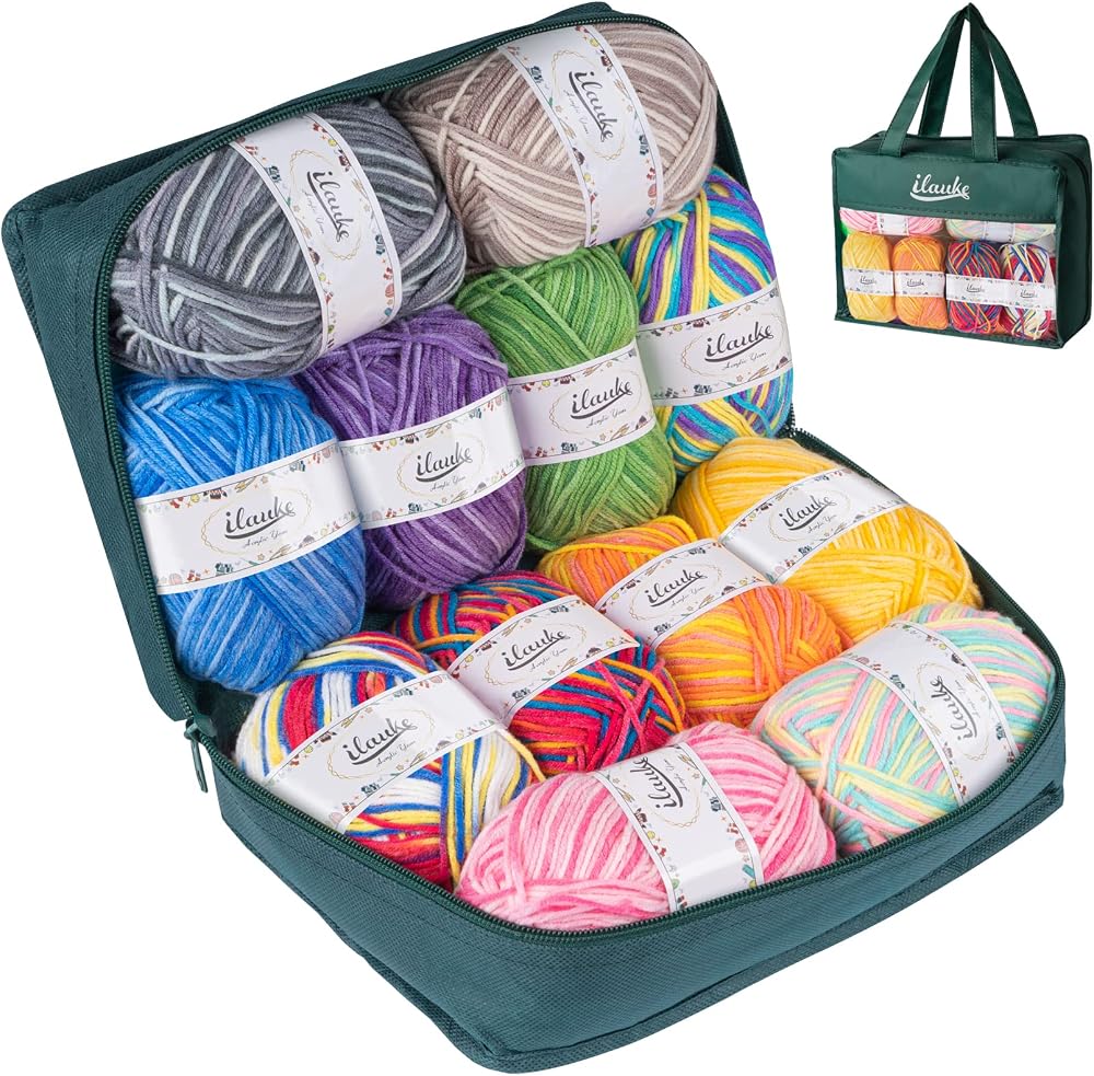 ilauke Crochet Yarn 12x50g 4 Ply Multi-Colored Acrylic Wool Set