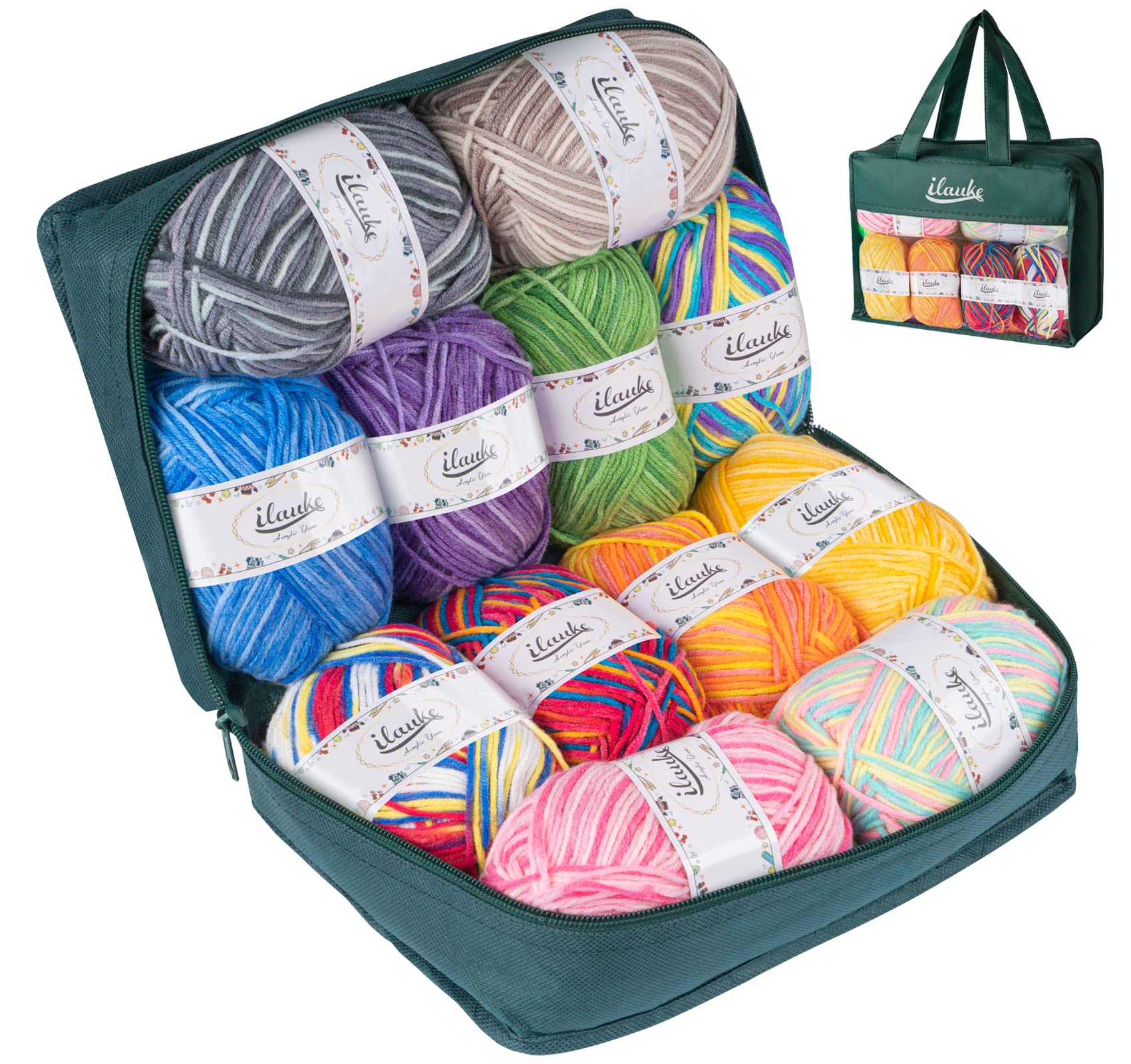 ilauke Crochet Yarn,Knitting Wool Yarn for Crochet(12 * 50g), Colorful Knitting Acrylic Yarn for DIY Knitting Craft and Crochet Project(Multi-Colored,4-Ply)