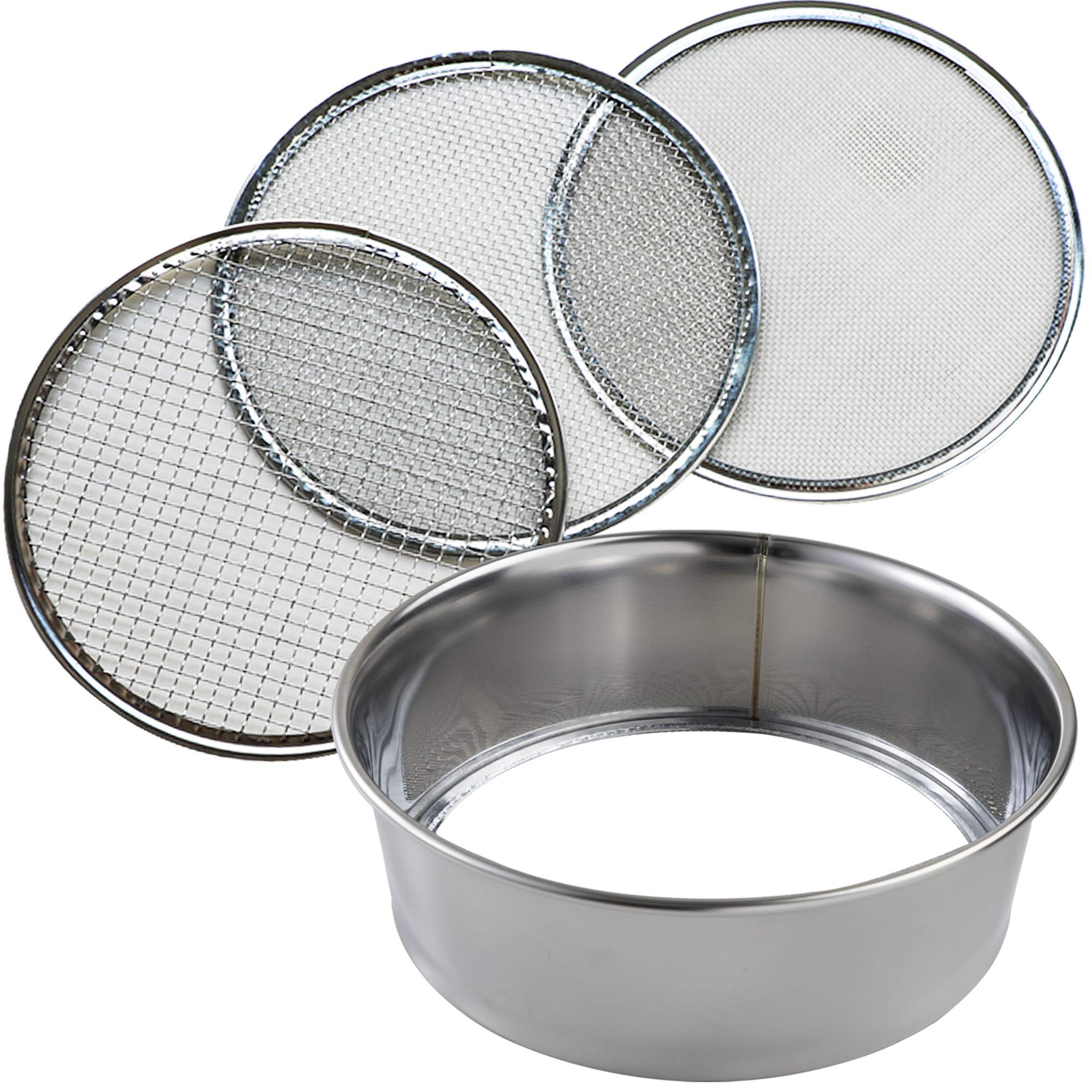 Wazakura Soil Sifter for Gardening and Bonsai 3PCS Set, 8-1/4 in (210mm) Stainless Steel Fine Mesh Sieve for Topsoil, Akadama Soil, Fine Sand, Worm Castings. Portable Garden Sieve & Compost Sifter