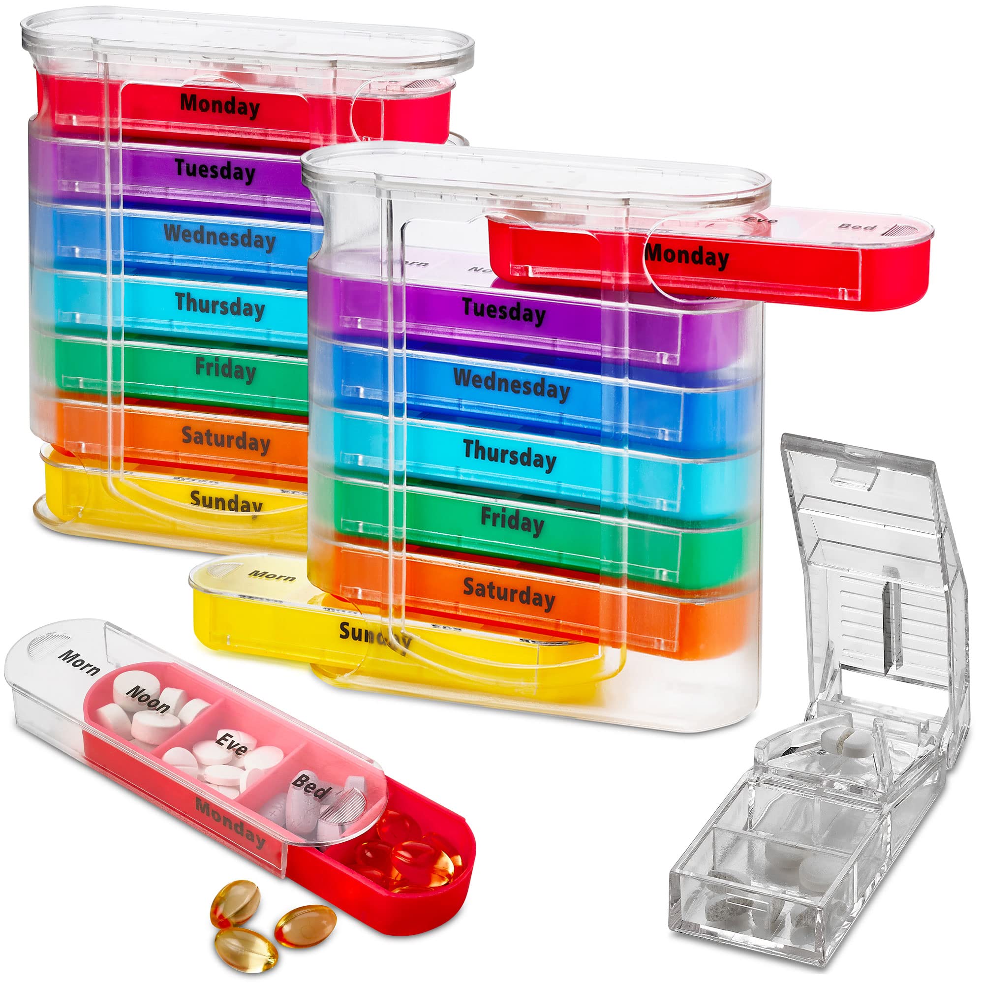 V-Grip Pill Splitter - Stackable Pill Organizer (Pack of 2) with 4 Daily Compartments, 2 Dispensers & AM/PM Boxes