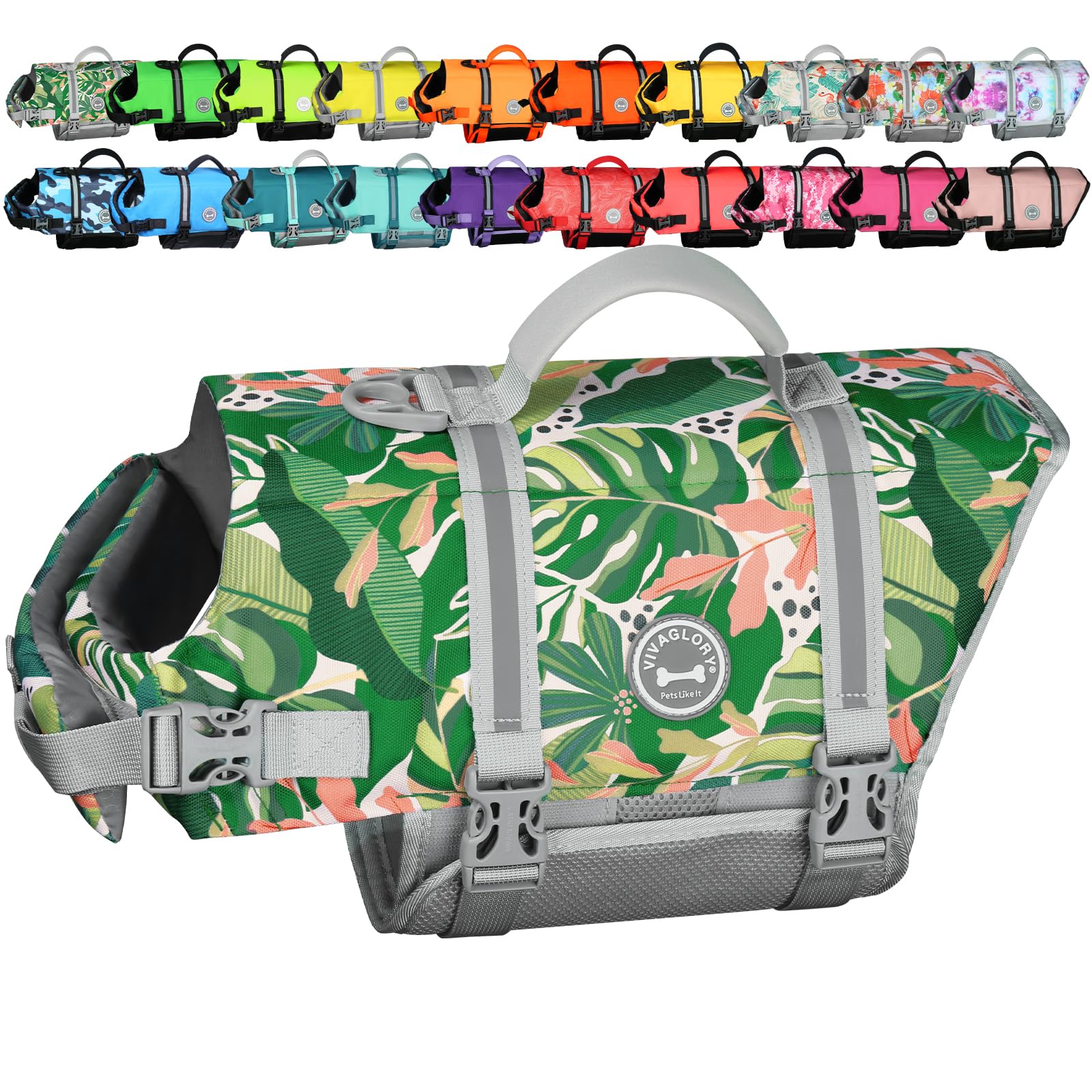 VIVAGLORY Rip Stop Dog Life Jacket, Buoyancy Aid with Handle, Buoyancy for Doggy, Dog Life Jacket for Swimming & Boating, S, Floral