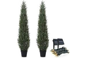 OAKRED Artificial Cedar Topiary Trees for Outdoors 5ft Fake Cypress Plants with Solar Light String, Faux uv Resistant Plants for Home Front Porch Decor，Set of 2
