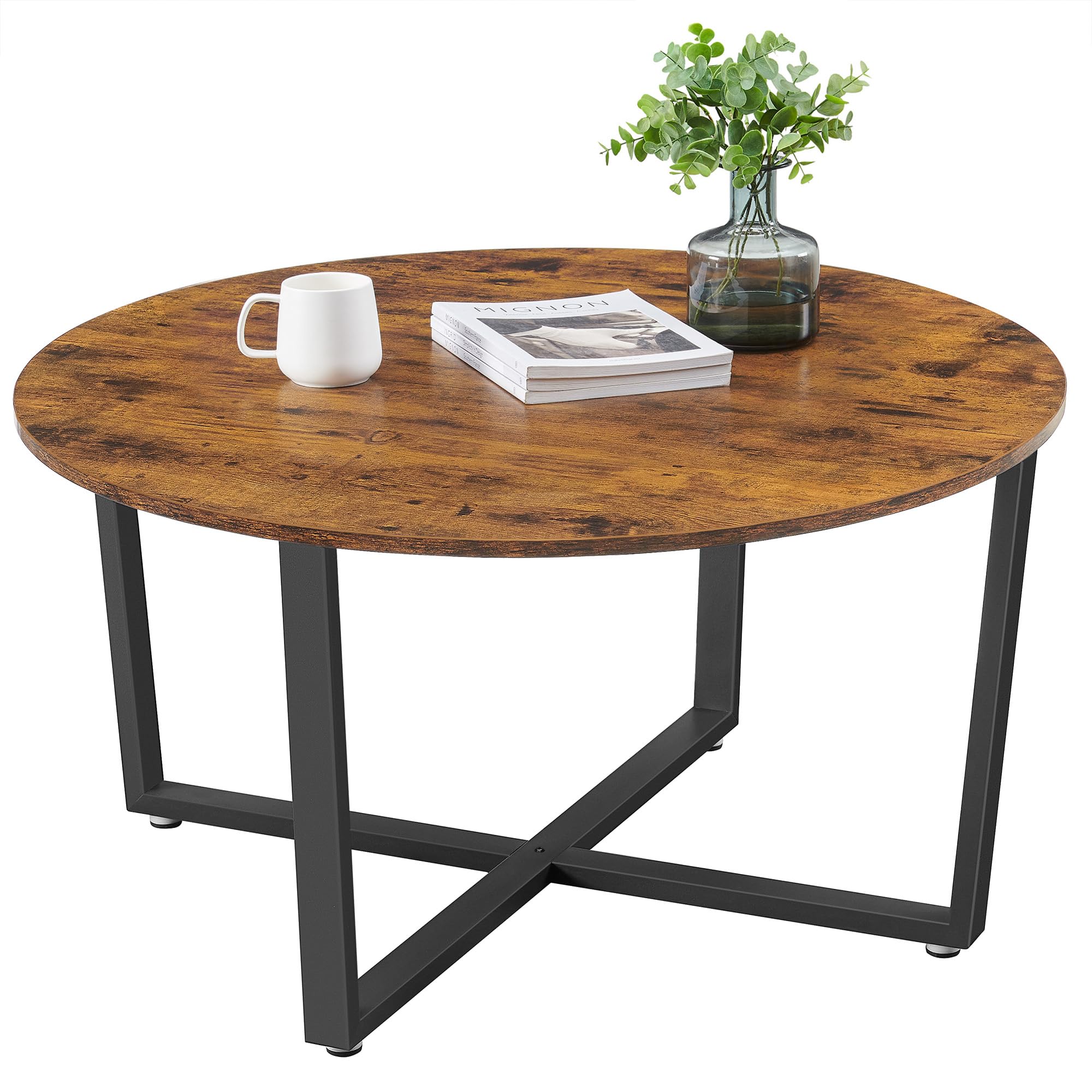 VASAGLE ALINRU Round Coffee Table, Industrial Style Cocktail Table, Durable Metal Frame, Easy to Assemble, for Living Room, Rustic Brown ULCT88X 39.4 x 21.7 x 17.7 Inches