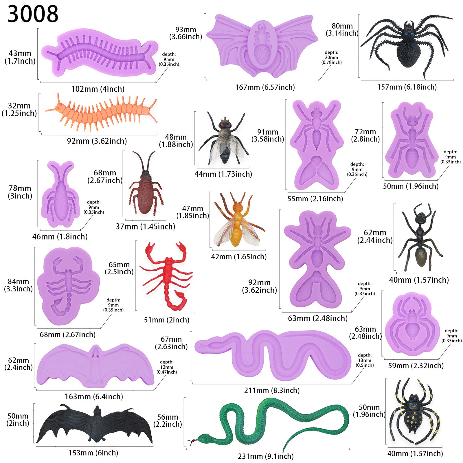 Scary Prank Fondant Silicone Molds Insects Bat Snake, Sugarcraft Cake Decorating, Cupcake Topper, Epoxy Resin, Polymer Clay Craft Projects 10-Count