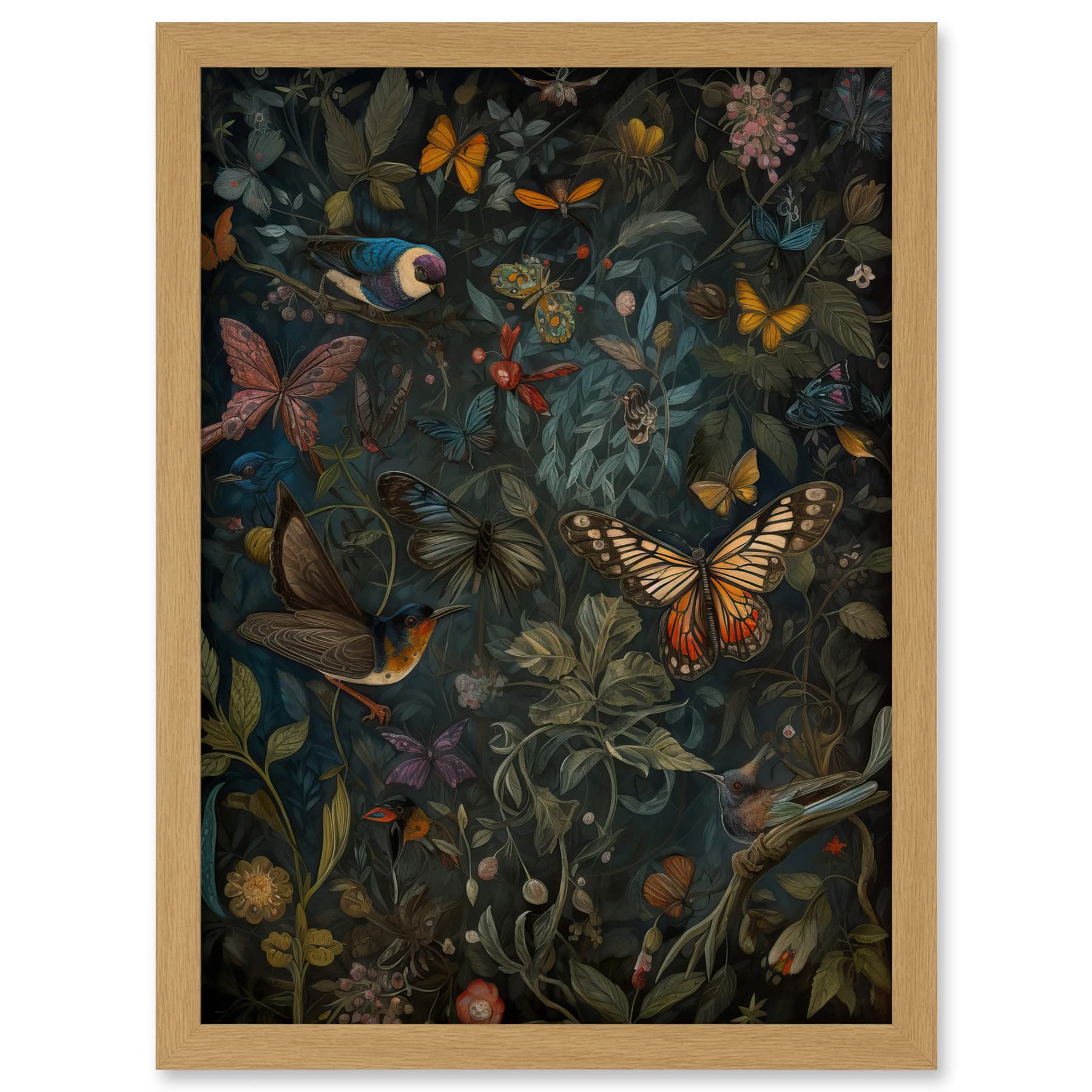 Artery8 William Morris Style Plants Birds and Butterflies Artwork Framed A3 Wall Art Print