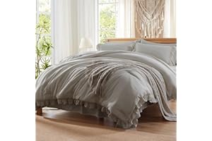 Anluoer Queen Comforter Set 7 Piece, Grey Bed in a Bag with Sheets, All Season Ruffle Shabby Chic Bedding Sets with 1 Comforter, 2 Pillow Shams, 2 Pillowcases, 1 Flat Sheet, 1 Fitted Sheet