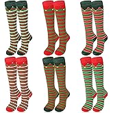 Suhine 6 Pairs Knee High Christmas Elf Socks for Women Candy Striped Crew Long Elf Socks Xmas Gifts Holiday Festive Party Outfit for Adults, One Size Fits Most