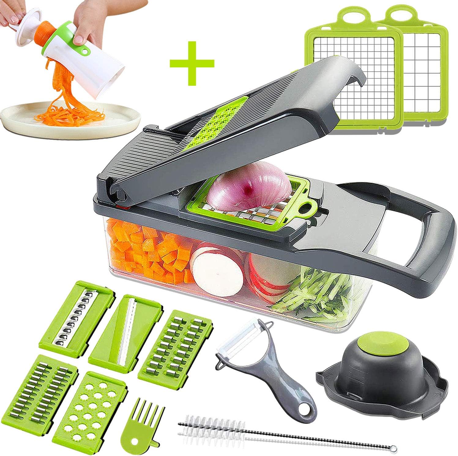 Mandoline Slicer Adjustable Cheese Slicer,Vegetable Chopper Hand Spiralizer,Potato Spiral Cutter Garlic Onion Dicer Fruit Peeler,Veggie Slicer,Pasta Zucchini Noodle Maker,Salad Shooter,Food Processor