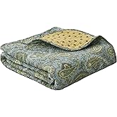 Country Stream Blues Paisley Blue Green Yellow Scalloped Quilted Cotton Reversable Throw Blanket, 60"x 50"