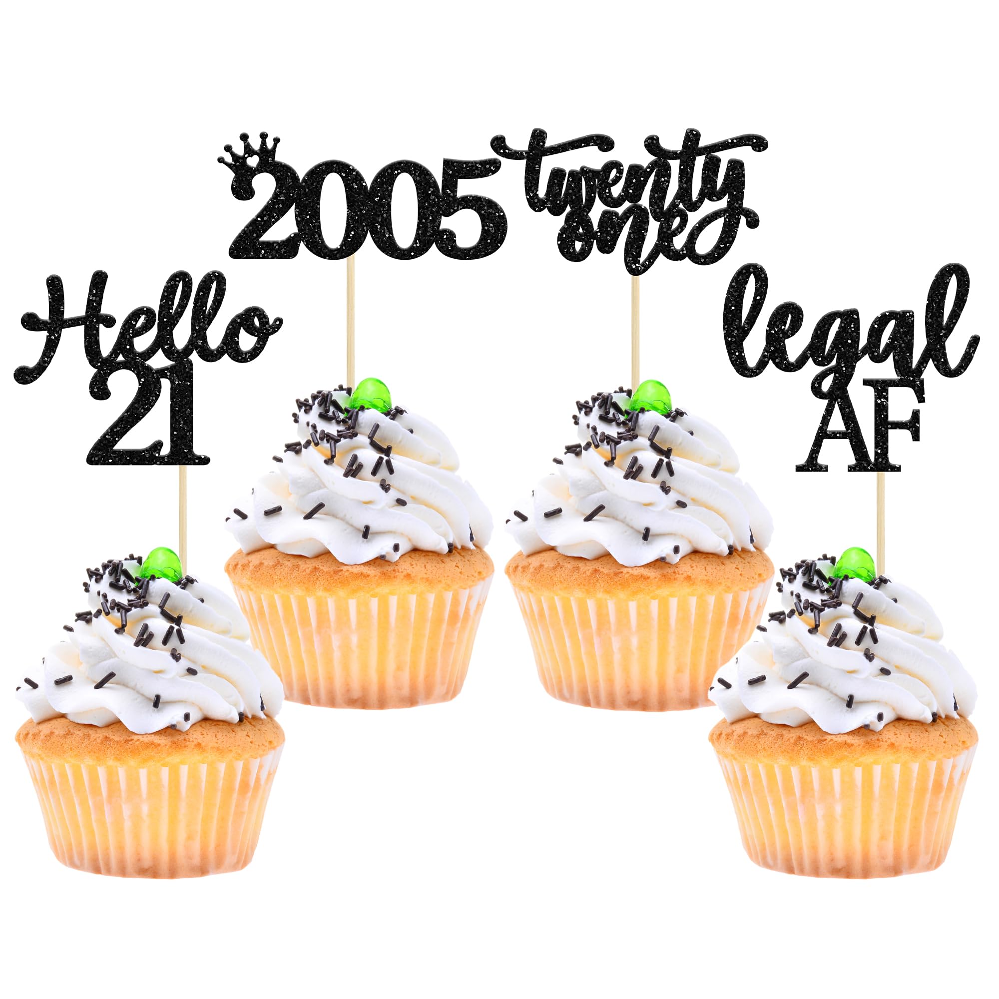 Gyufise 24 Pack Black Glitter 21st Birthday Cupcake Toppers Hello 21 Legal Twenty One Since 2005 Cupcake Picks for Celebrating Twenty-One Years Old Birthday Party Decorations