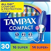 Tampax Compact Pearl Tampons for Women Multipack, with LeakGuard Braid &amp; Extendable Applicator, Super/Super Plus Absorbency, Compact Extendable Applicator, Unscented, 30 Count