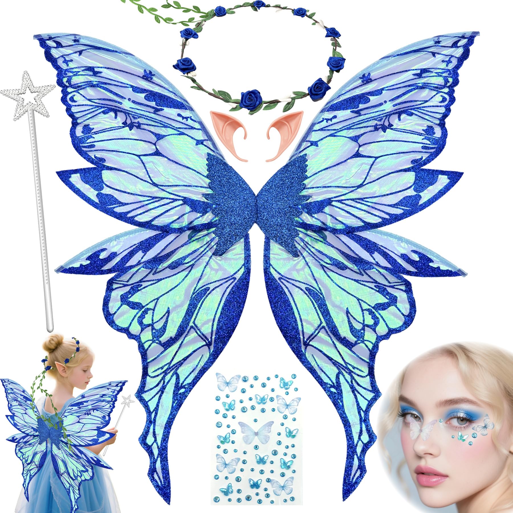 YeahBoom Children's fairy wings, butterfly wings with elf ears, fairy headband and star fairy wands, butterfly wings, princess wings, wing costume for carnivals or parties — image 1