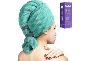 Sackei Large Microfiber Hair Towel Wrap 43.3" x 35.4" Soft Hair Drying Towel with 2 Elastic Band, Super Absorbent Fast Dry Plopping Hair Turbans for Women Wet Long Curly Hair Mint Green