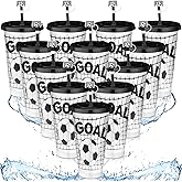 Domensi 12 Pcs Soccer Plastic Tumbler with Lid and Straw 24oz Reusable Plastic Cups with Straw Cover Caps Gifts for Fan Friend Guest Birthday Office Christmas Sport Party Supplies (Black White Soccer)