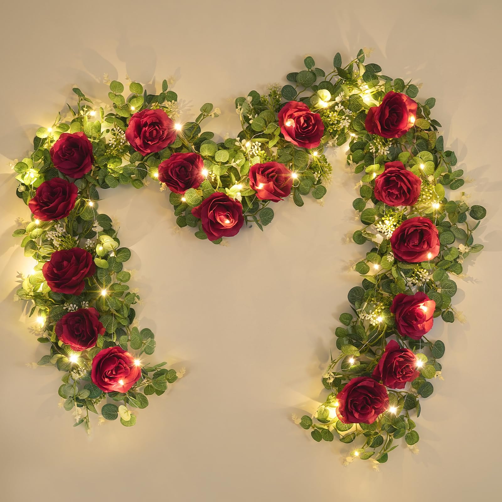 Photo 1 of Dolicer 2Pcs 13Ft Artificial Eucalyptus Garlands with Flowers - 8 Roses, Faux Floral Greenery Garlands with 13Ft String Lights Fake Flowers Vines for Wedding Table Centerpieces Arch Party Decor (Red)