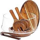 Oria Cook Large Glass Salad Bowl with Lid Set, 5.7 L Decorative Glass Mixing Bowl, Trifle and Serving Bowls with Lids as Cheese Charcuterie Board and Plate, Comes with Wood Serving Utensils