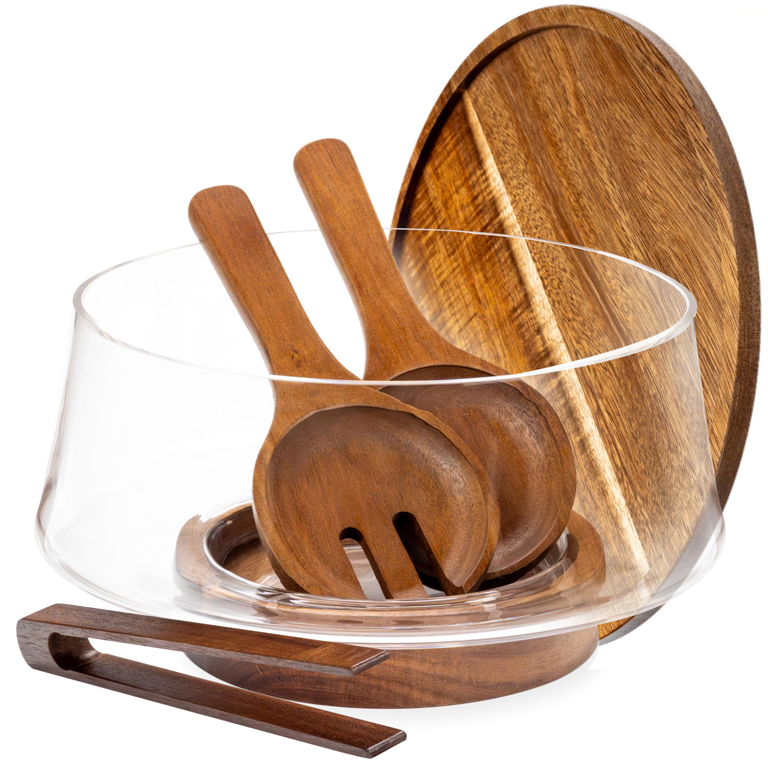 Photo 1 of Oria Cook Large Glass Salad Bowl with Lid Set, 5.7 L Decorative Glass Mixing Bowl, Trifle and Serving Bowls with Lids as Cheese Charcuterie Board and Plate, Comes with Wood Serving Utensils