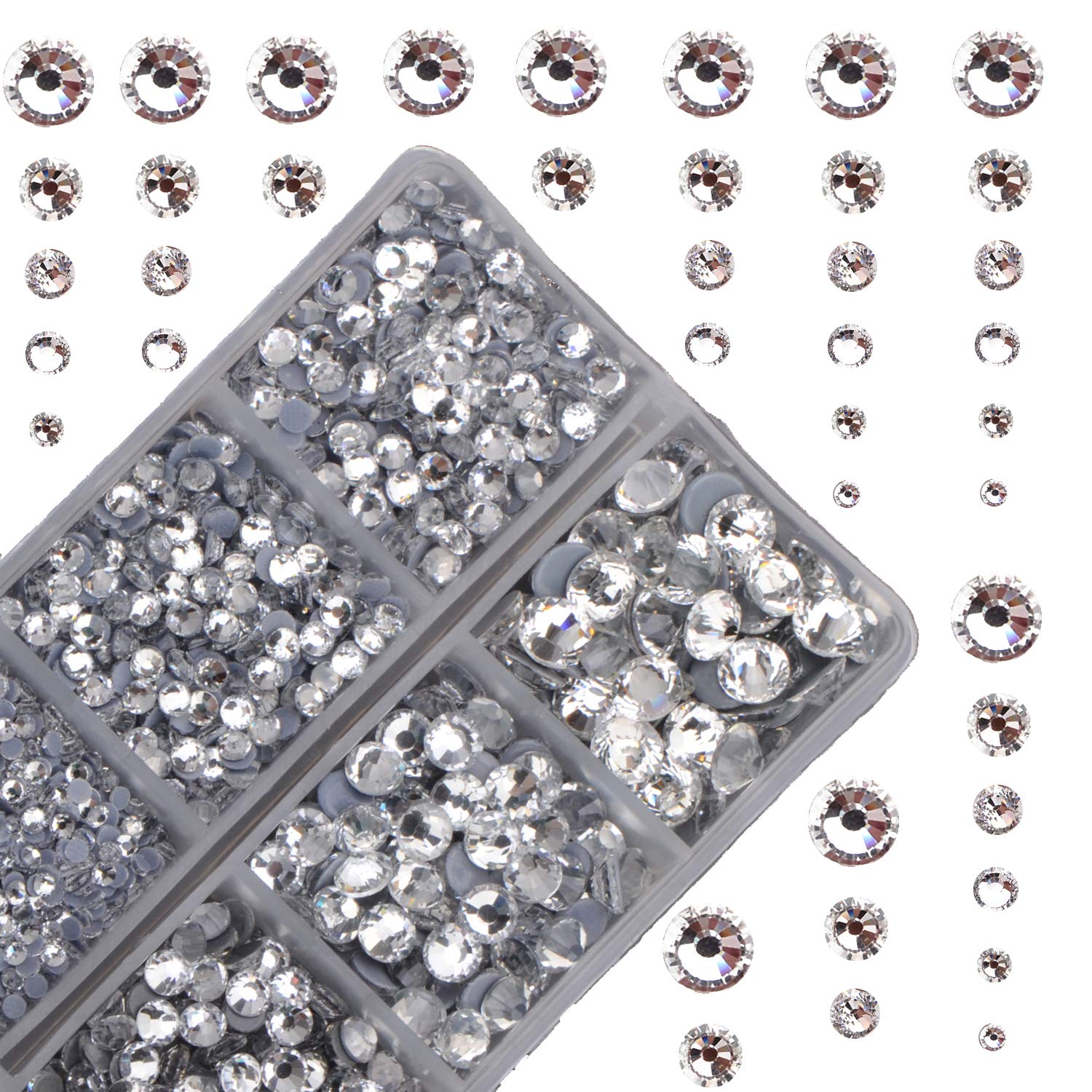 Photo 1 of 10000Pcs 2-Boxes Mixed Size Hot Fix Round Crystals Gems Glass Stones Hotfix Flat Back Rhinestones with Tweezers and Picking Pencil (Clear Crystal)
