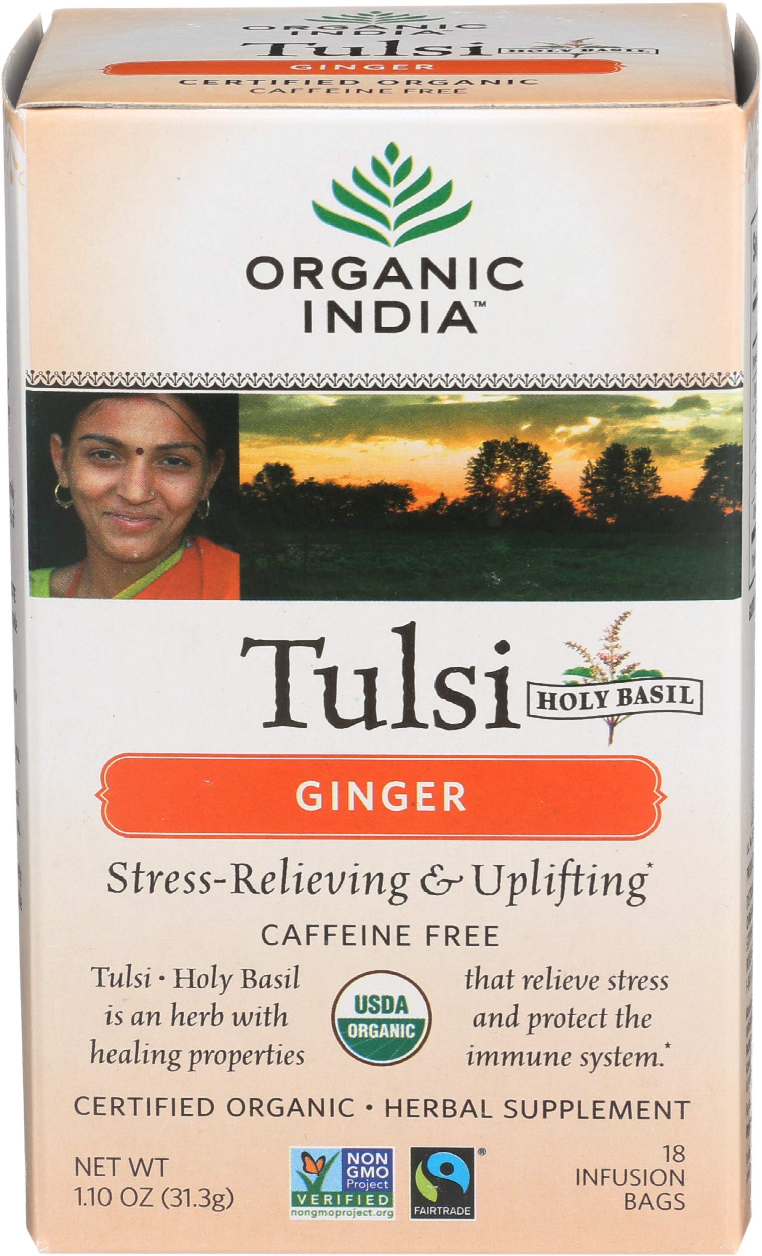 Organic India, Tea Tulsi Ginger Organic, 100% Certified Organic, Non-GMO, and Fair Trade, 18 Count